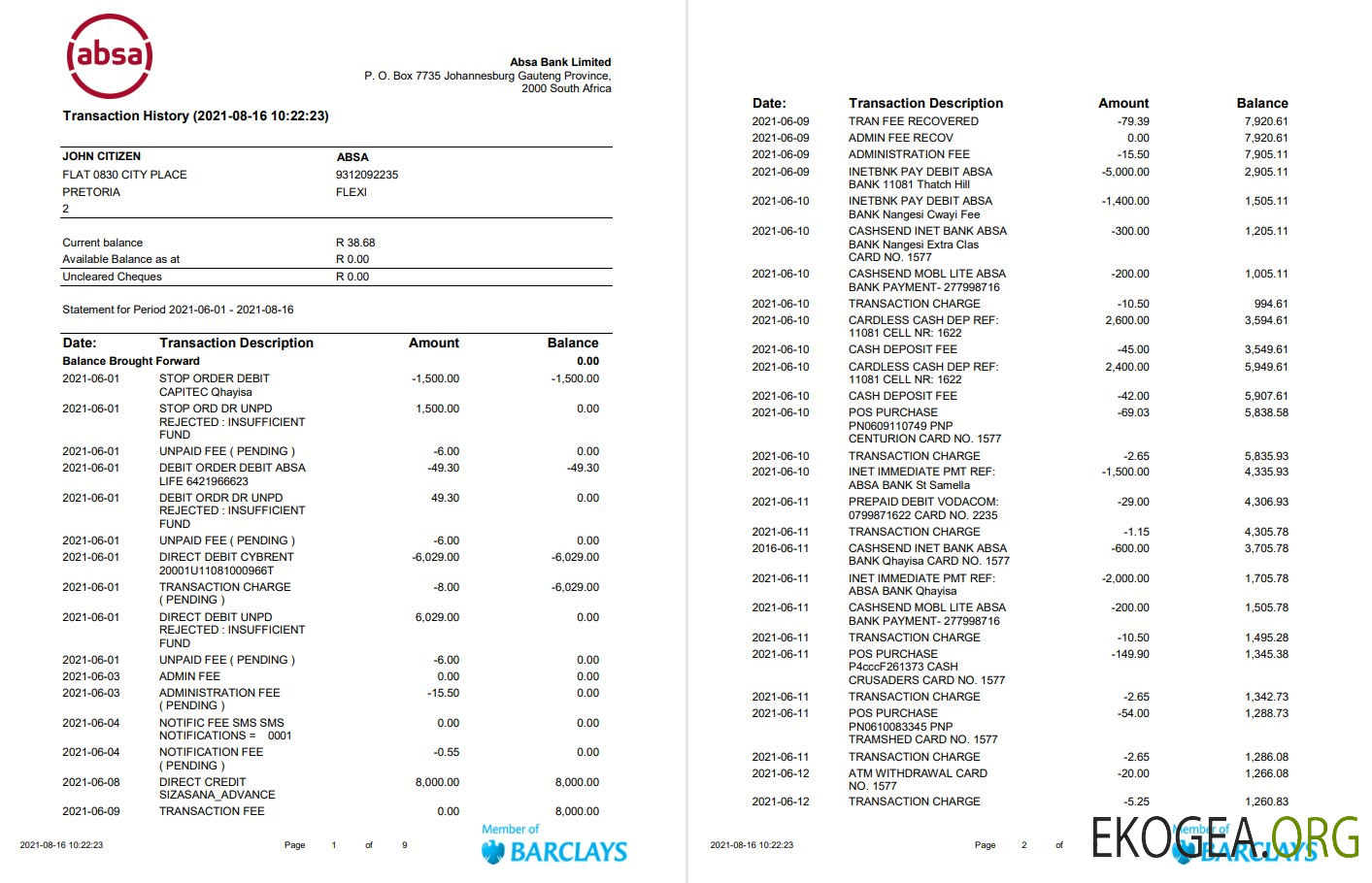 Modèle de relevé bancaire ABSA d'Afrique du Sud facile à remplir au format Word et PDF (9 pages)